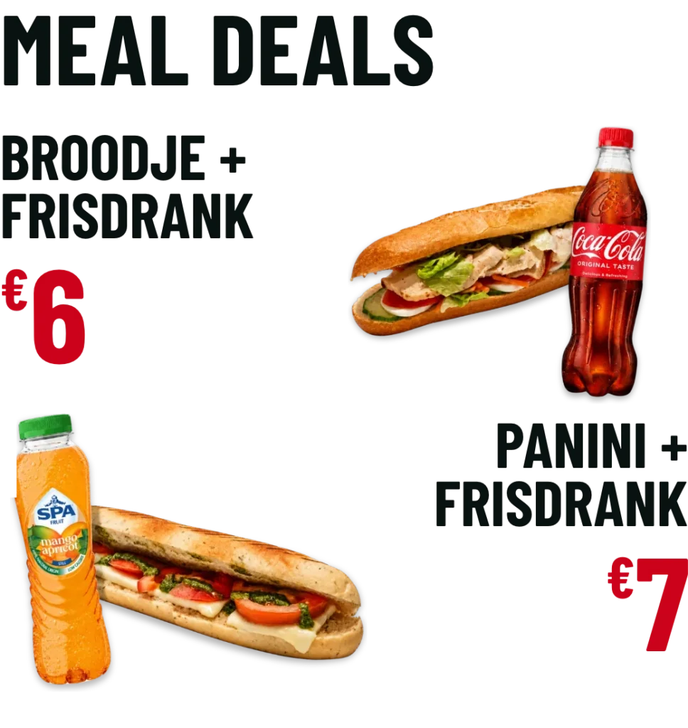 Meal deals in Erembodegem: broodje + frisdrank 6 €, panini + frisdrank 7 €